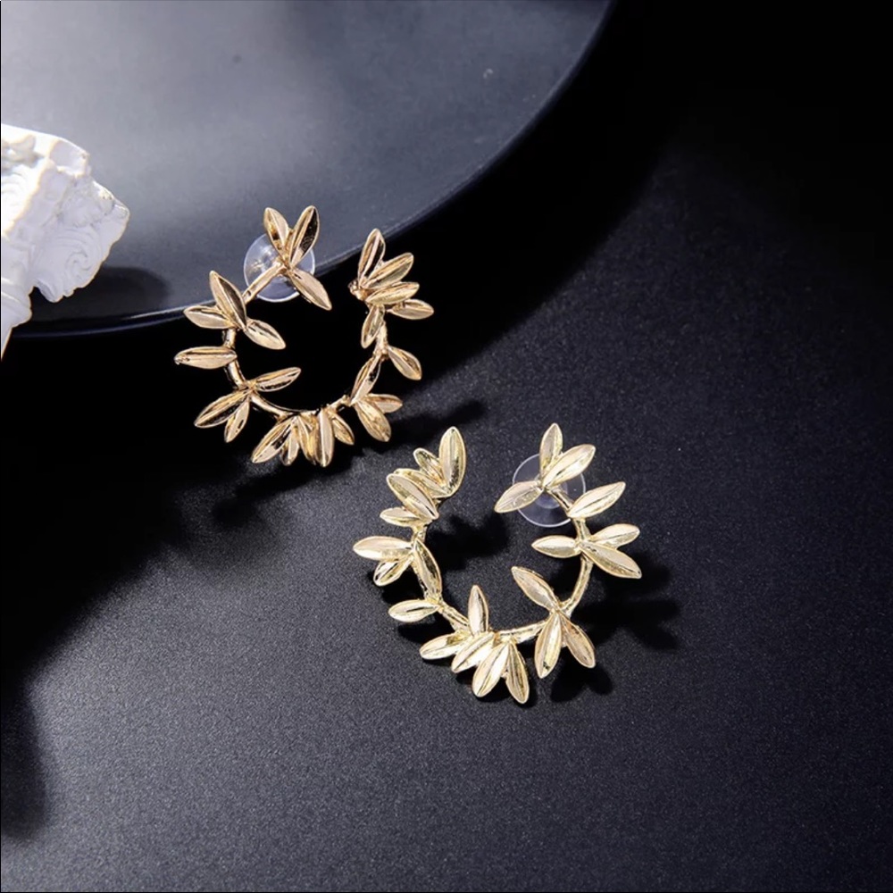 2/$12 Gold Semi Circle Hoop Leaf Flower Earrings